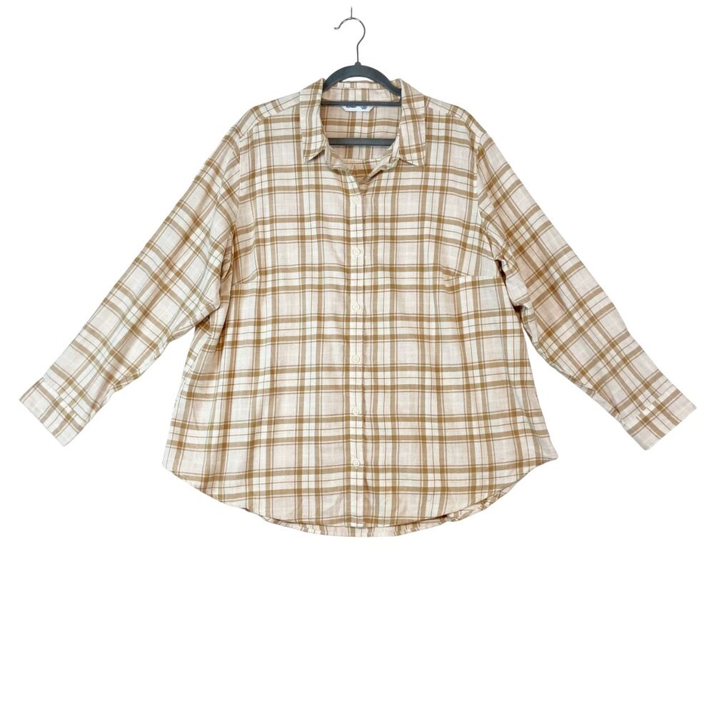 Old Navy The Classic Shirt Womens 2X Button Up Tan Plaid Fall Picnic Country